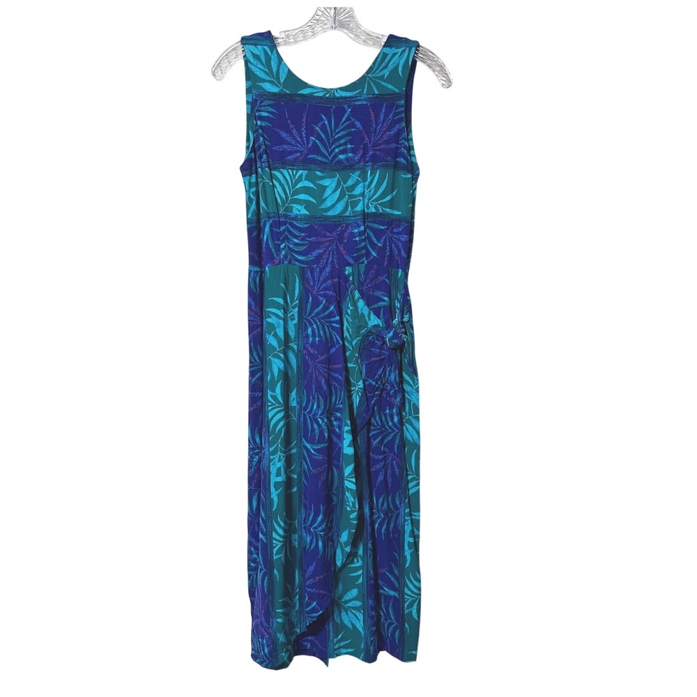 Boulevard De Paris Midi Dress Womens Blue Teal Tropical Leaf Side Tie Sleeveless